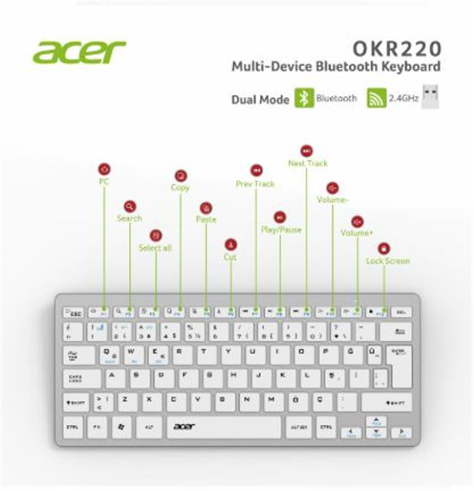 Acer OKR220 Beyaz MultiDevice Dual Mode 2.4GHZ Bluetooth Klavye (