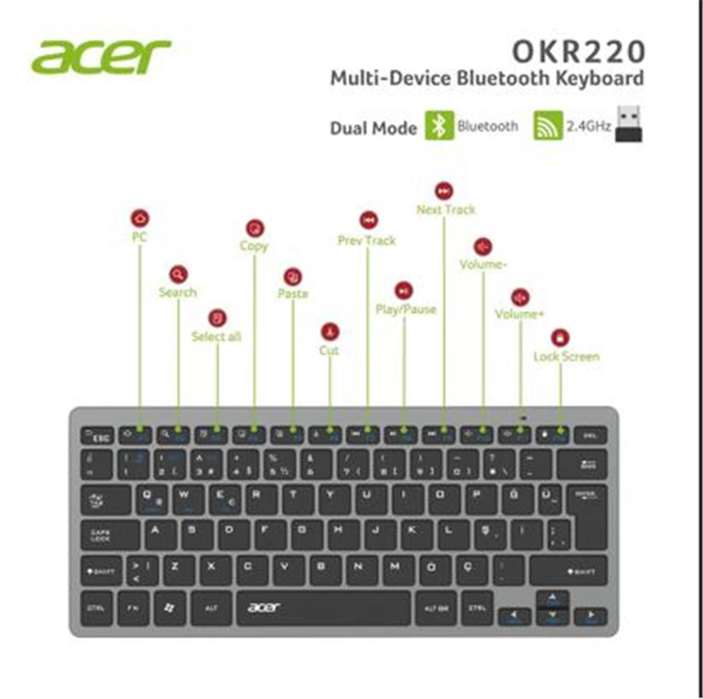 Acer OKR220 Siyah MultiDevice Dual Mode 2.4GHZ Bluetooth Klavye (
