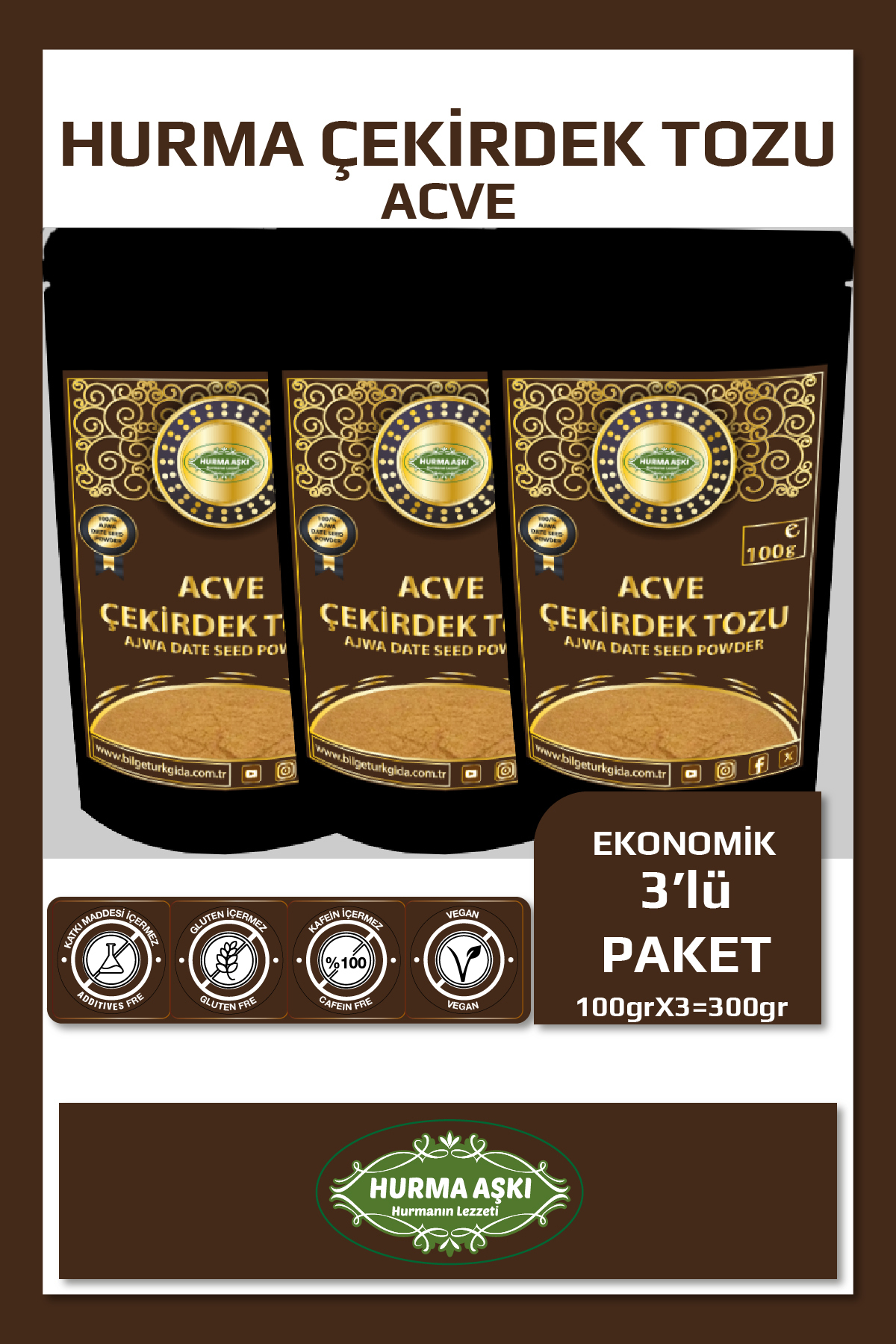 Hurma Aşki Acve Hurma Çekirdeği Tozu 100Grx3=300Gr