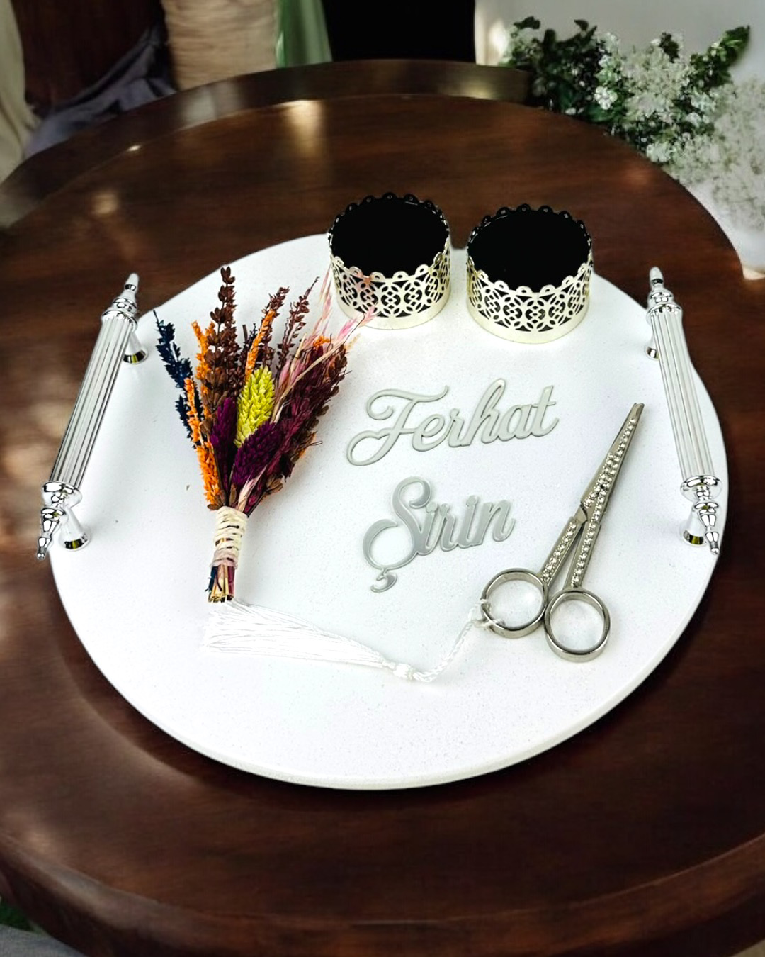 Cyzhome Adoration Polyester Gümüş Söz Nişan Tepsisi