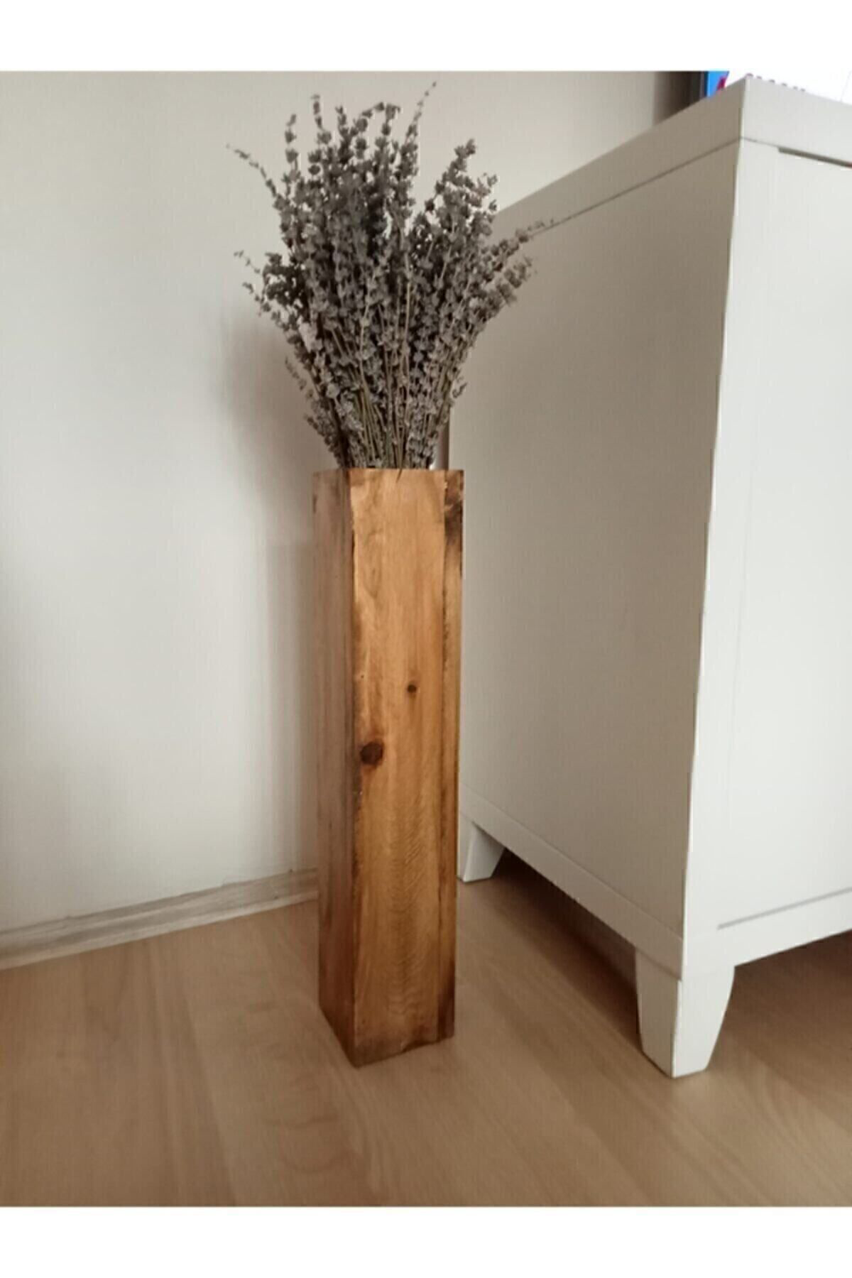 Üzüm Yapraği Ahşap Vazo Pampas Yapay Çiçek Vazosu Uzun Biblo 49 Cm