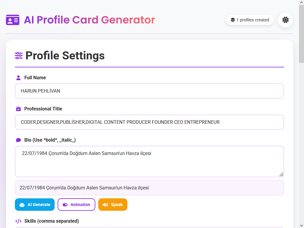 Harun Pehlivan Ai Profile Card Generator