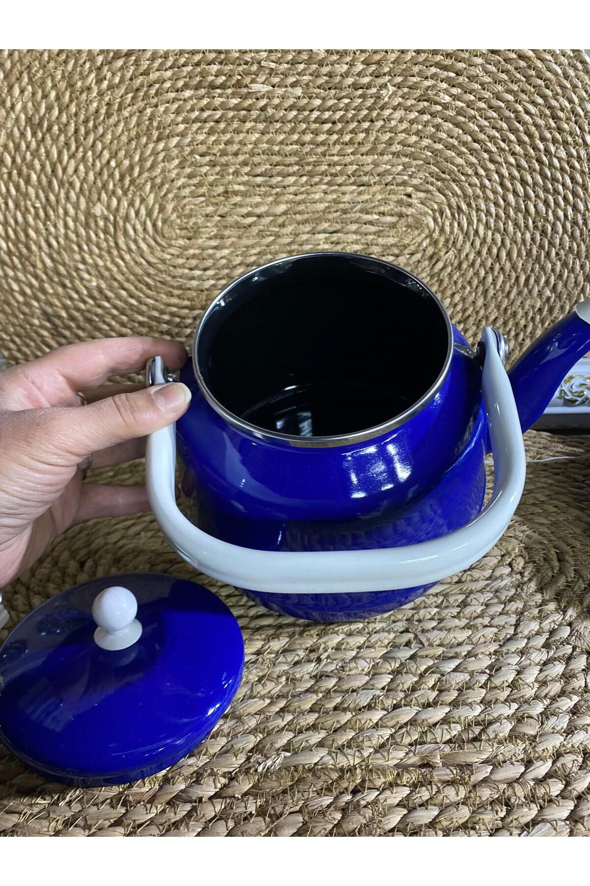 Elif Aksesuar Alev Vintage Demlik - Emaye Çaydanlik Kettle - Mavi - 2.5 Litre