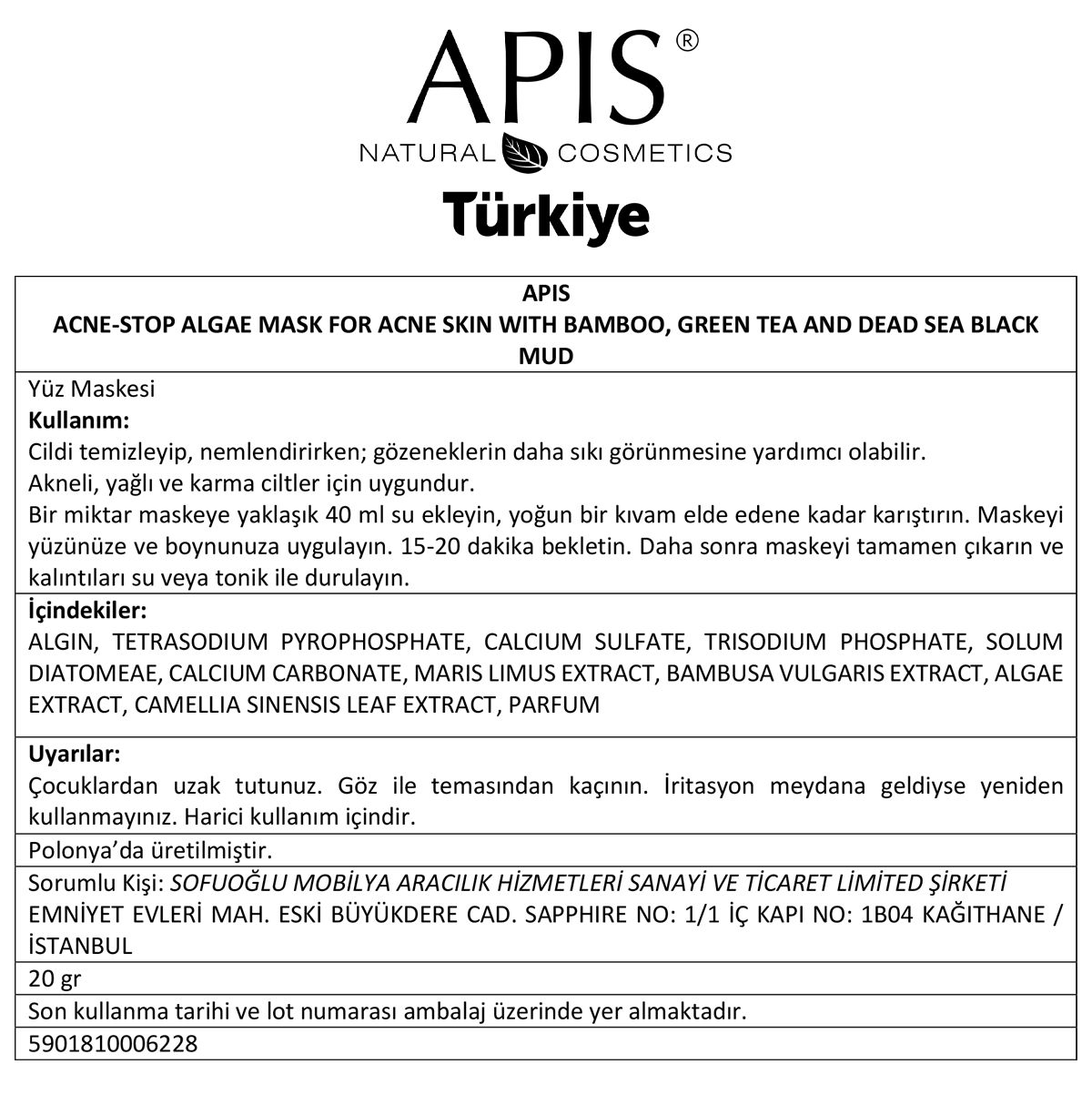 Apis Natural Cosmetics Alg Maskesi - Akne Giderici - 3 Adet - 20Gr