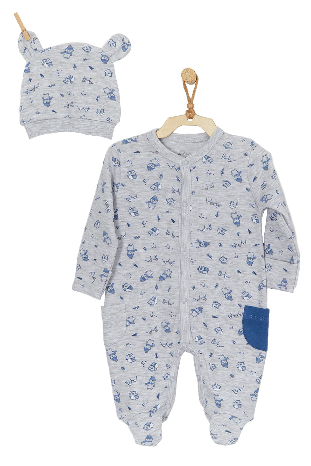 Andywawa  Erkek Bebek Gri Desenli Tulum Takimi Romper Set Ac22148r