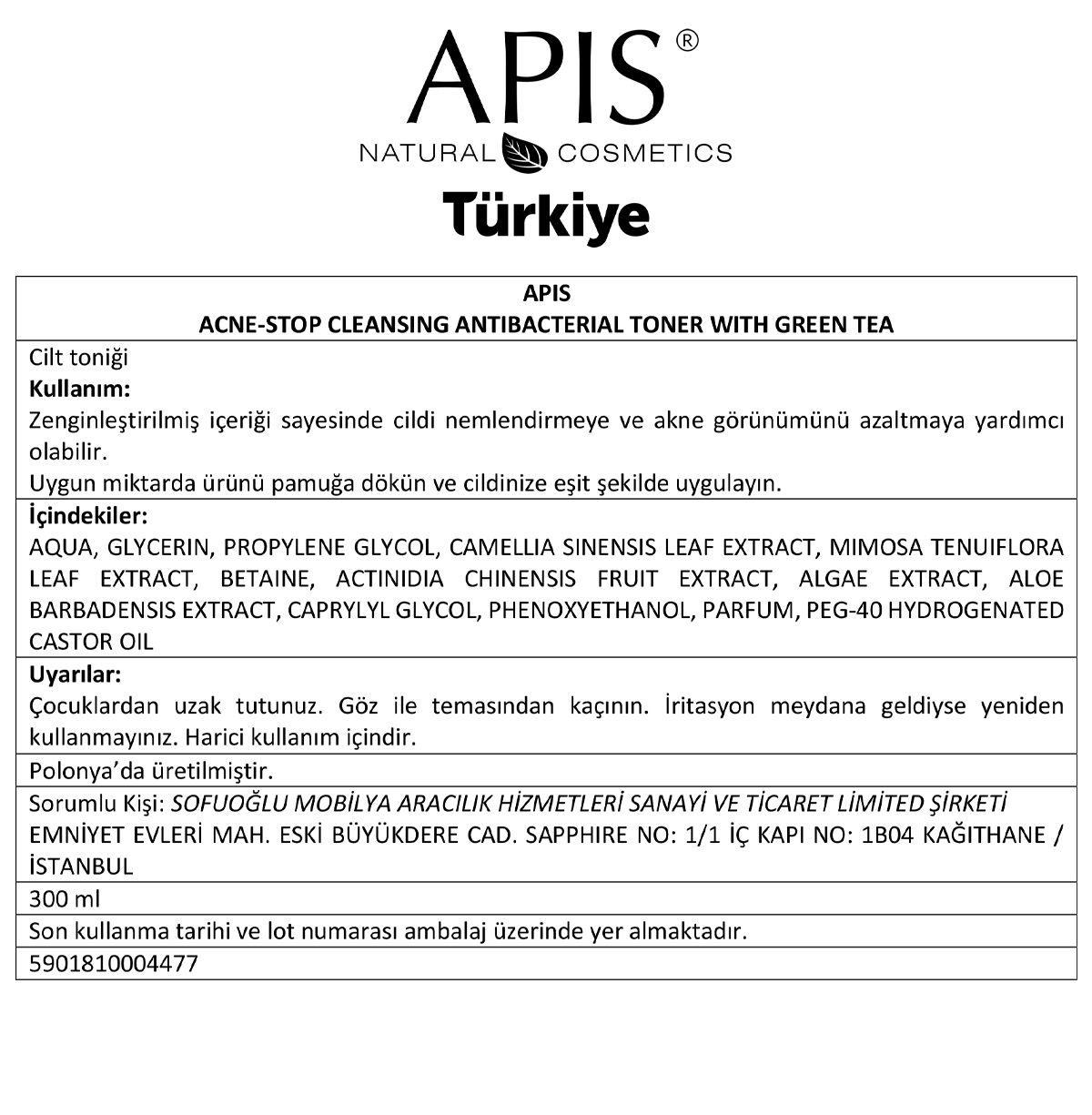 Apis Natural Cosmetics Anti-Bakteriyel Akne Temizleme Toniği - Yeşil Çayli - 300Ml