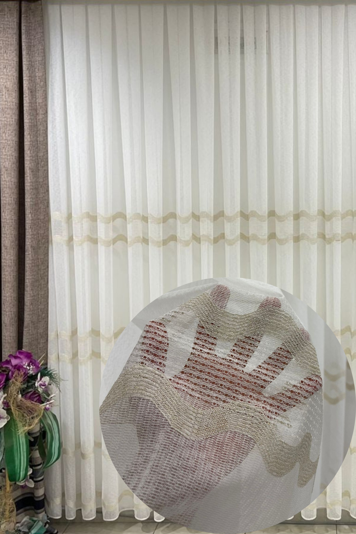 Özgün Home Aplike Clara Modern Dalgali Altin Şeritli (1/3 Sik Pile) Ekru Tül