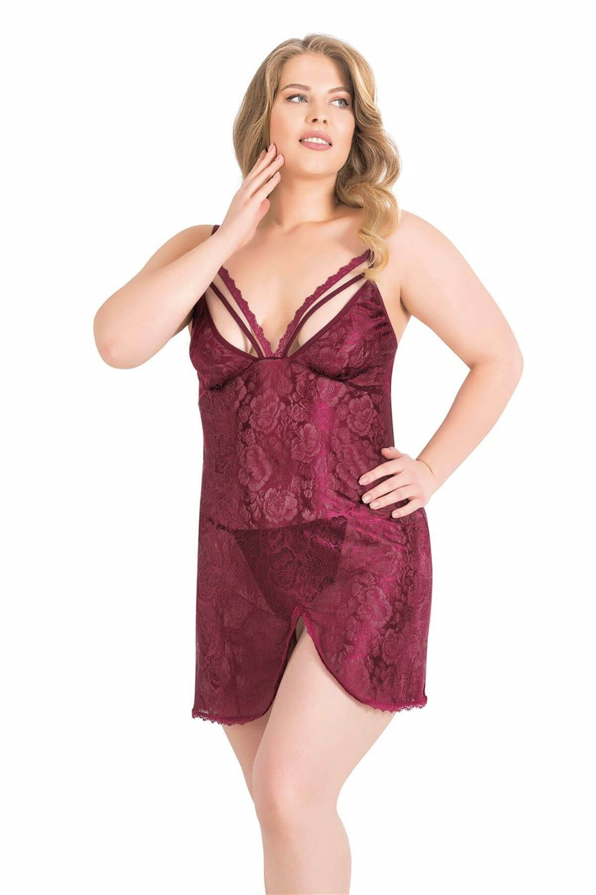Aria's Closet  Büyük Beden Bordo Kisa Jakarli Gecelik
