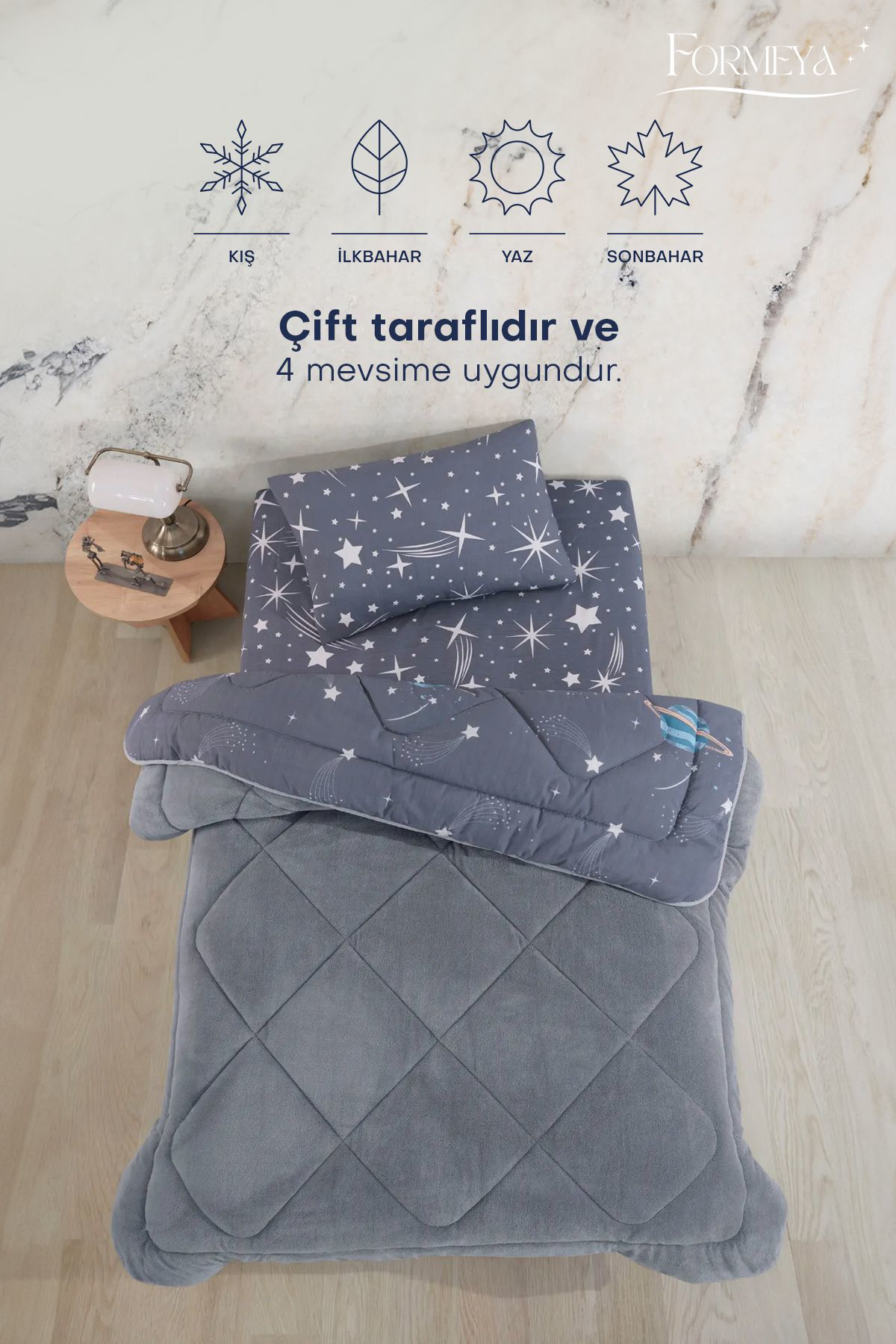 Formeya Astronot Desenli Tek Kişilik Çift Tarafli Wellsoft Yorgan Ve Yast