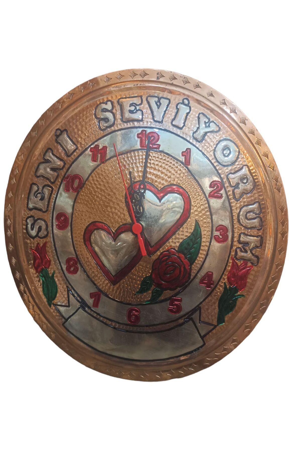 Safir Çay Kazanlari Bakir Duvar Saati Kişiye Özel Seni Seviyorum Yazili İkiz Kalpli B