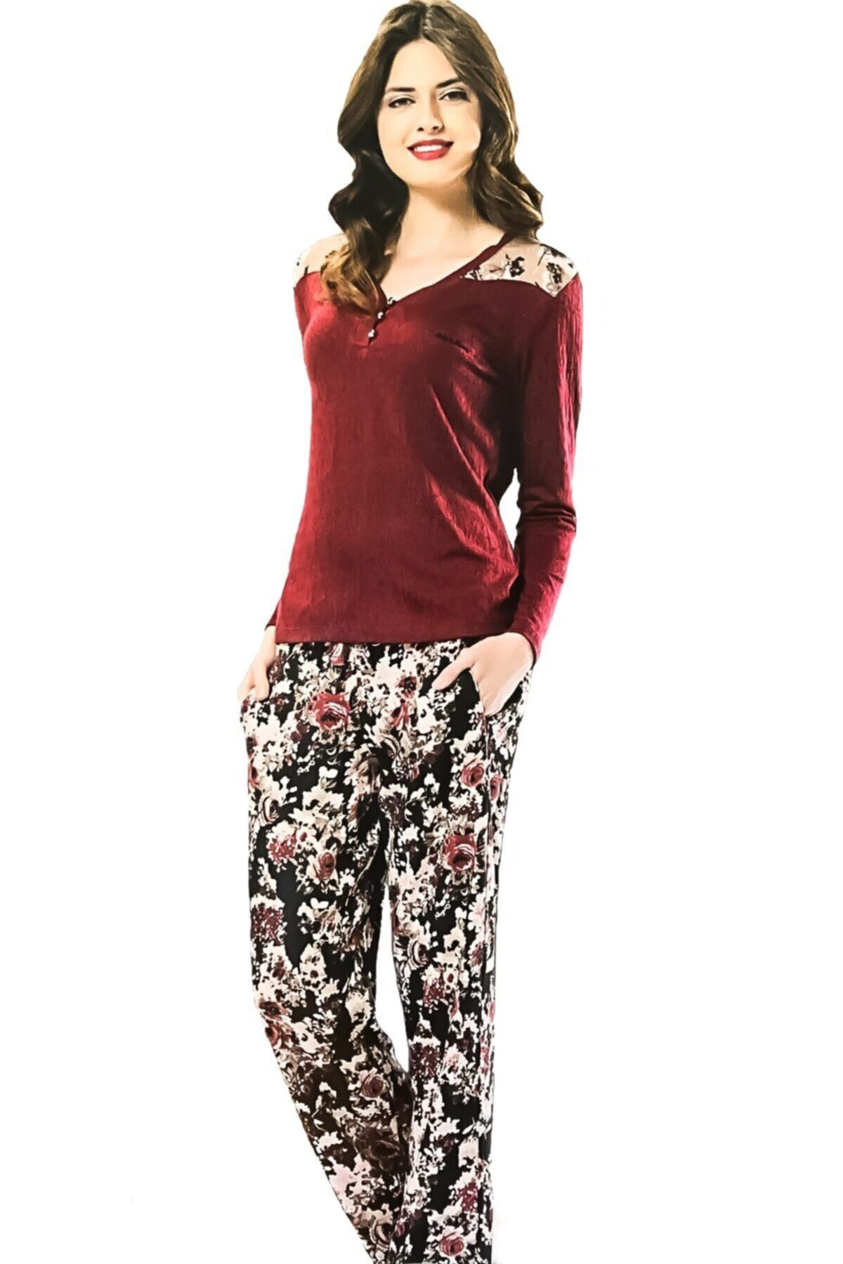 Betty Barney Betty & Barney Kadin Kişlik Pijama Takimi Çiçek Desenli Bordo