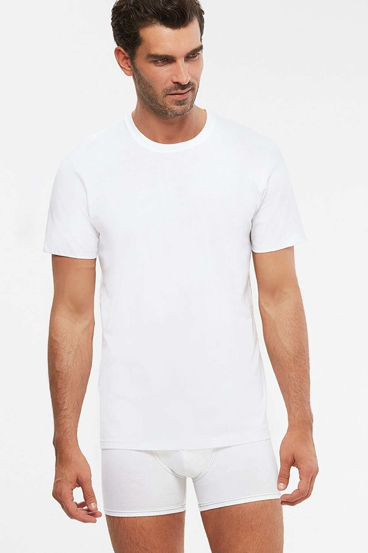 Kom Beyaz James Bisiklet Yaka Basic Erkek Tshirt 2 Li Paket