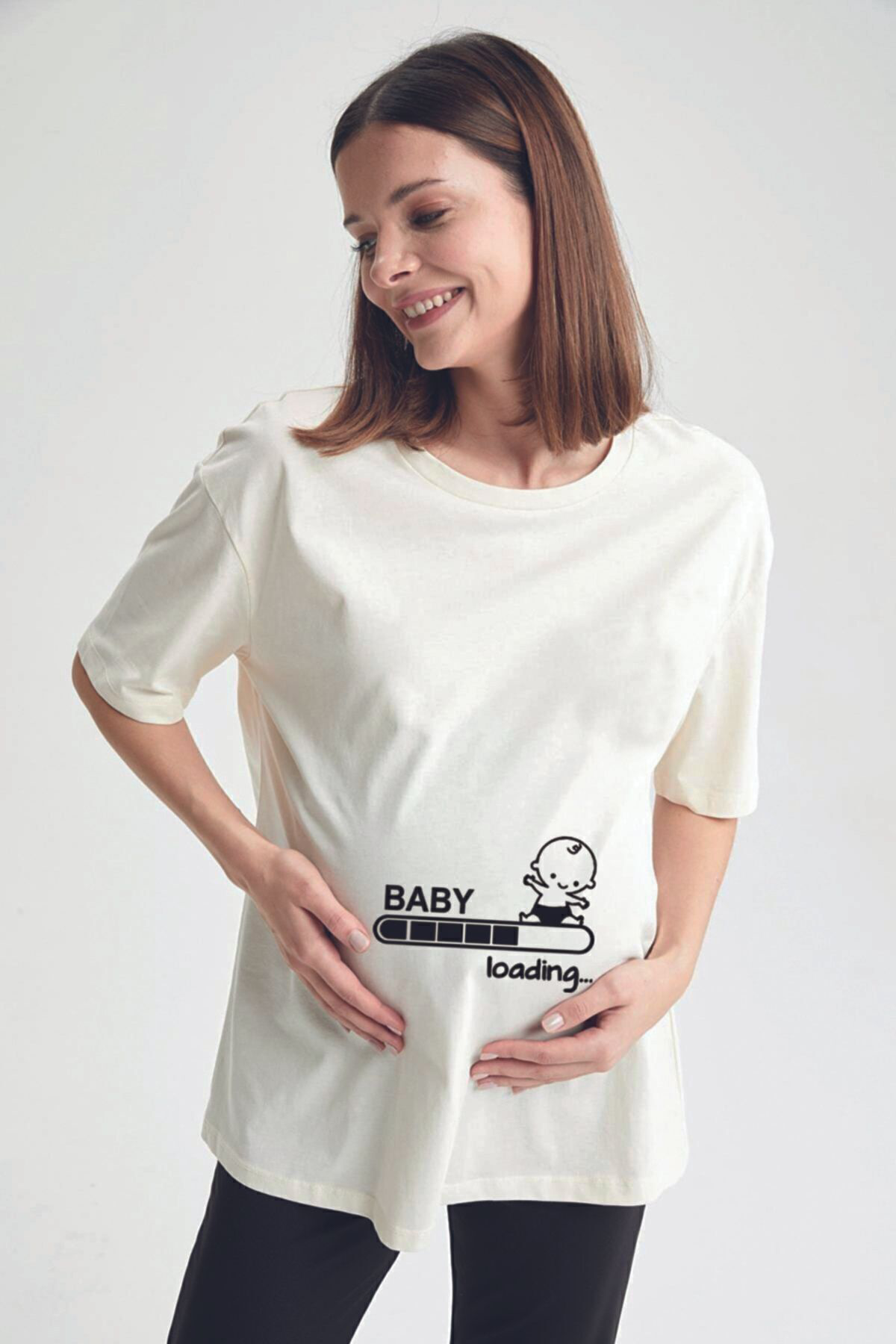 Arka Creative Beyaz Oversize Hamile T-Shirt Baby Loading Baskili Beyaz