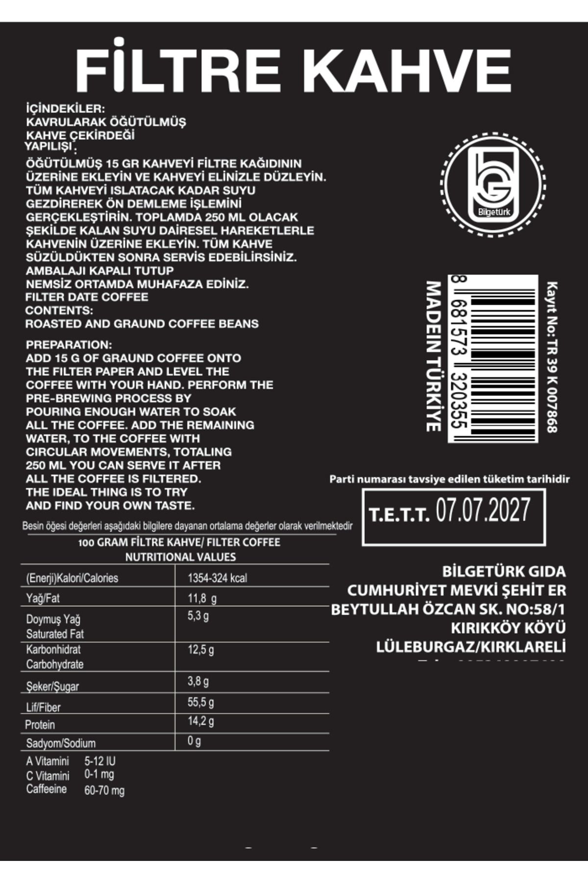 Bilgetürk Gida Bilgetürk Filtre Kahve 200Grx3=600Gr