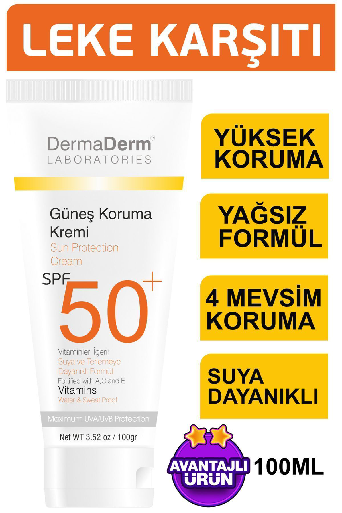 Dermaderm Bitkisel Güneş Kremi Spf 50 Faktör 100 Gr