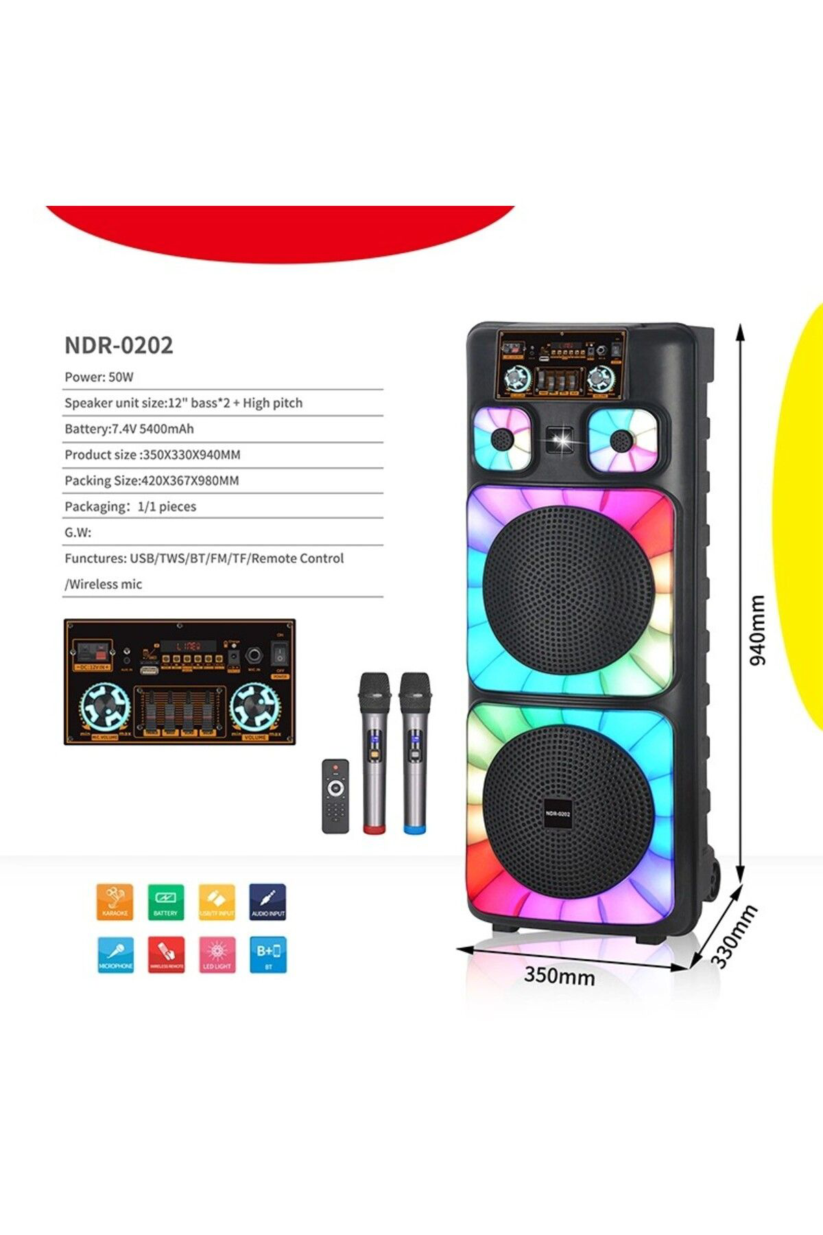 Ndr Boomboxtr -0202 2*12 İnc Taşinabilir Büyük Boy Bluetooth Parti