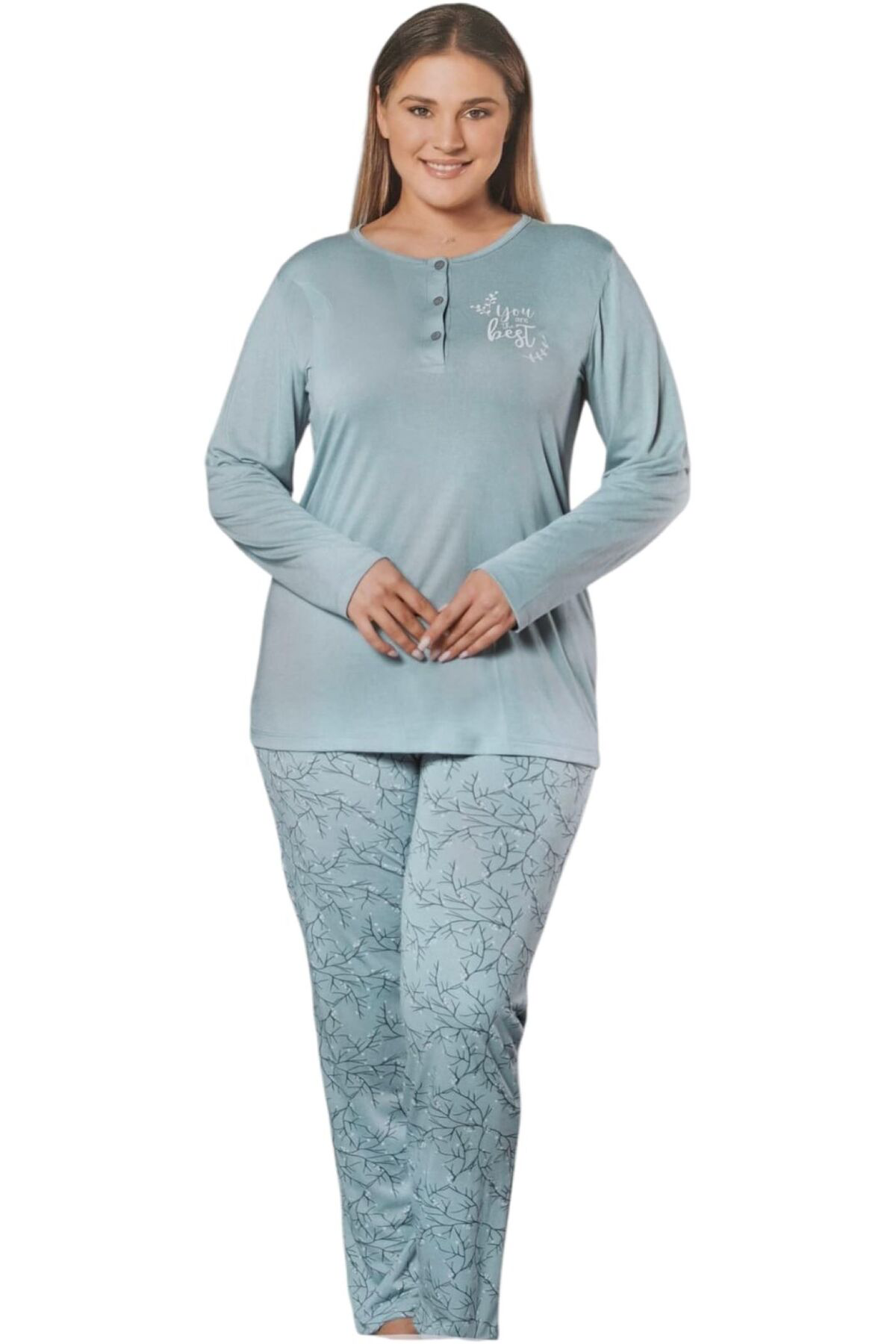 Alperi Büyük Beden Yazlik Uzun Kol Pijama Takimi Yeşil