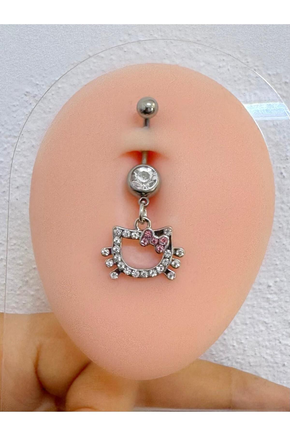 Arescollection Çelik Barli Zirkon Taşli Hello Kitty Li Sallantili Göbek Piercing