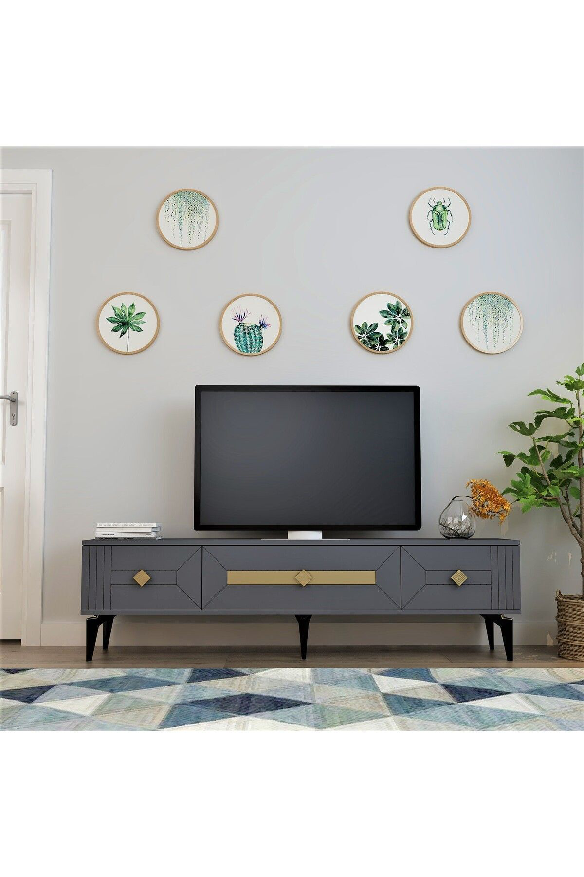 Cantek Dizayn Cenneyra 180 Cm 3 Kapakli Tv Sehpasi (Alt Modül) Antrasit-Gümüş