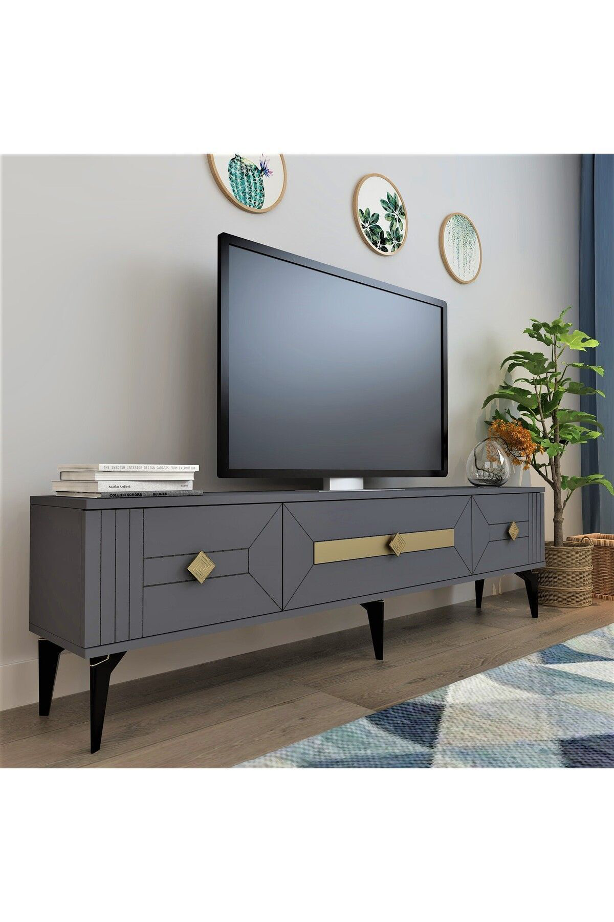 Cantek Dizayn Cenneyra 180 Cm 3 Kapakli Tv Sehpasi (Alt Modül) Antrasit-Gümüş