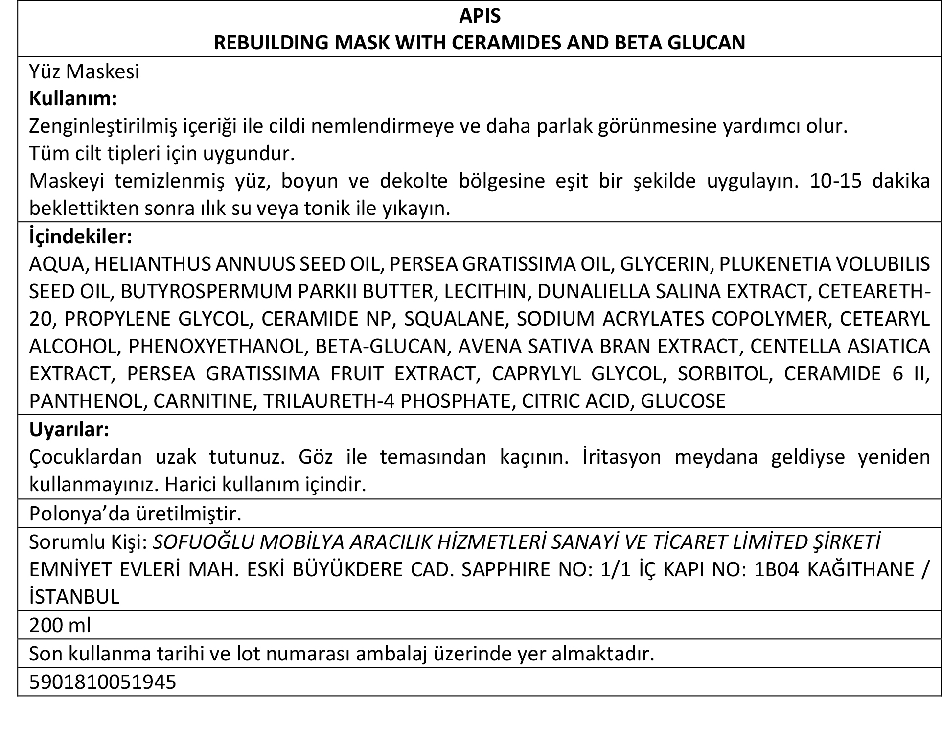 Apis Natural Cosmetics Cera & Beta-Glukan Maskesi - 200 Ml