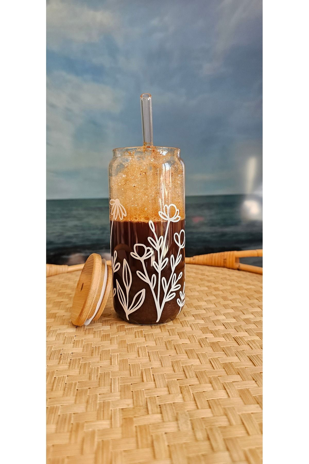 Miforde  Çiçekli, Bambu Kapakli, Cam Pipetli, Cam Bardak, 400Ml