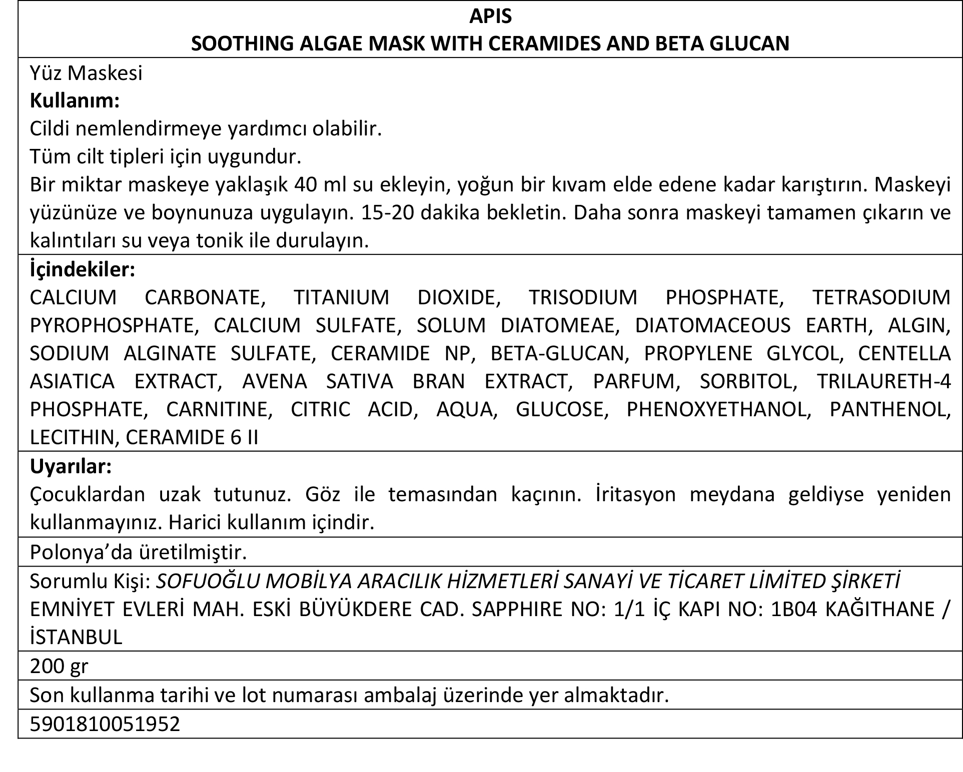 Apis Natural Cosmetics Cildi Yatiştiran Alg & Beta-Glukan Maskesi - 200 Ml