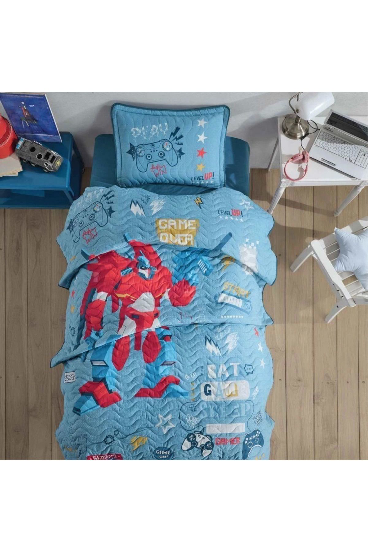 Yusuftex Clasy Tek Kişilik Yatak Örtüsü Game Over V1 Mavi