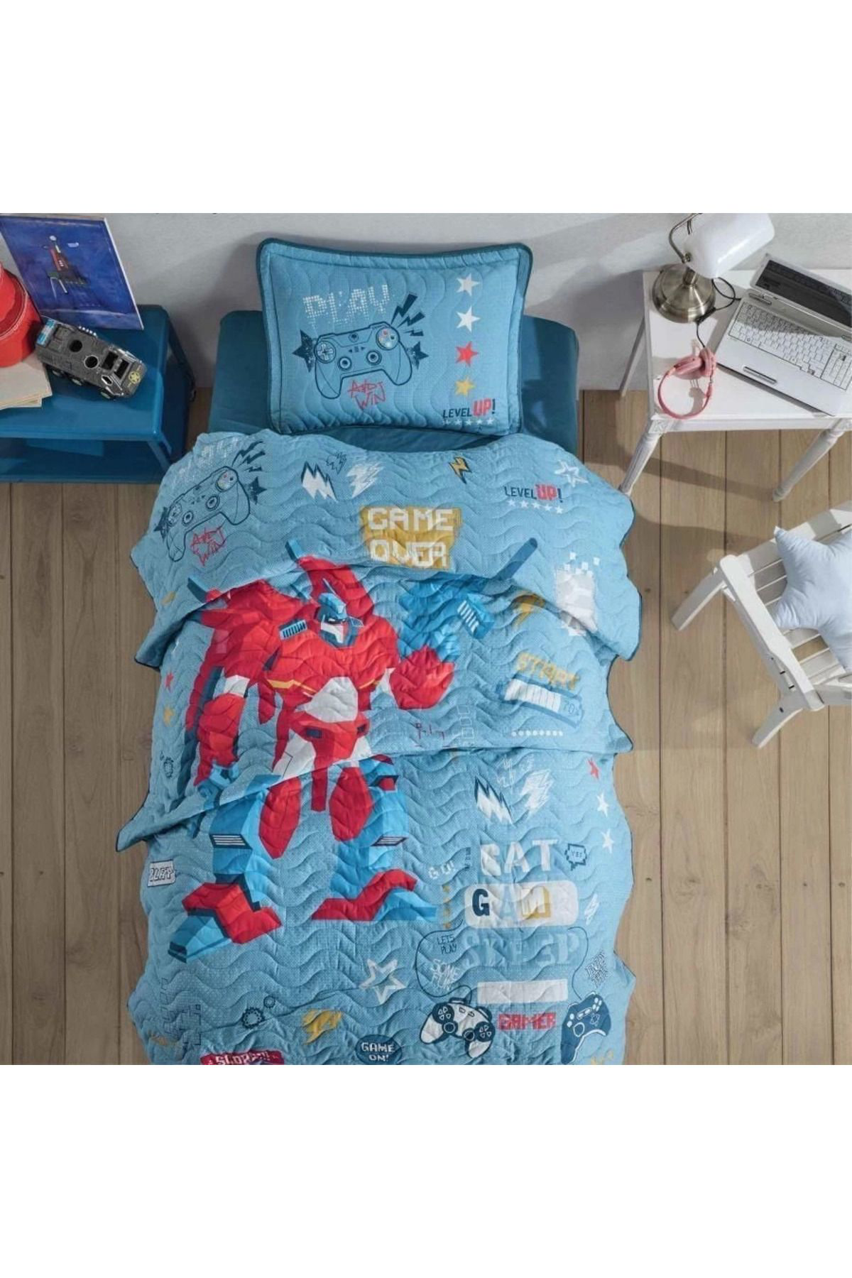Yusuftex Clasy Tek Kişilik Yatak Örtüsü Game Over V1 Mavi