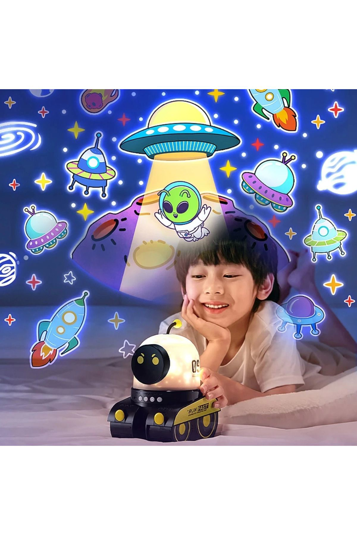 Yusuftex Çocuklar İçin Eğitici Ve Eğlenceli Robot Temali Projektör Gece La