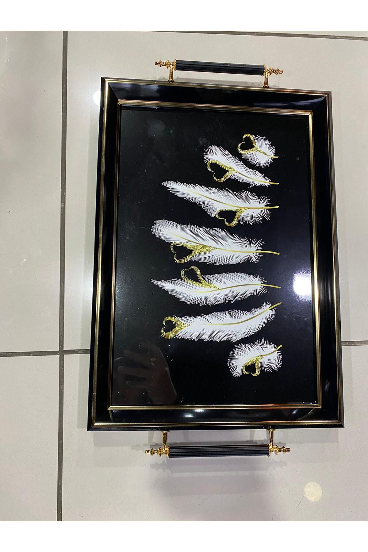 Elif Aksesuar Dekoratif Tüy Desen Lüks Ahşap Tepsi