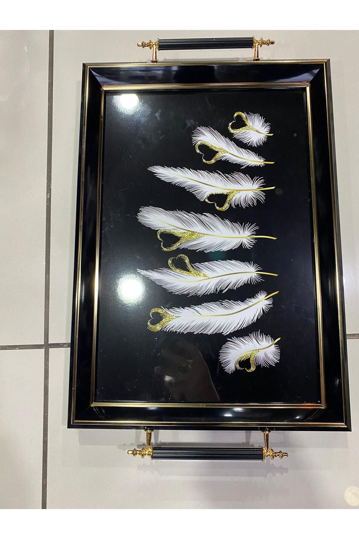 Elif Aksesuar Dekoratif Tüy Desen Lüks Ahşap Tepsi