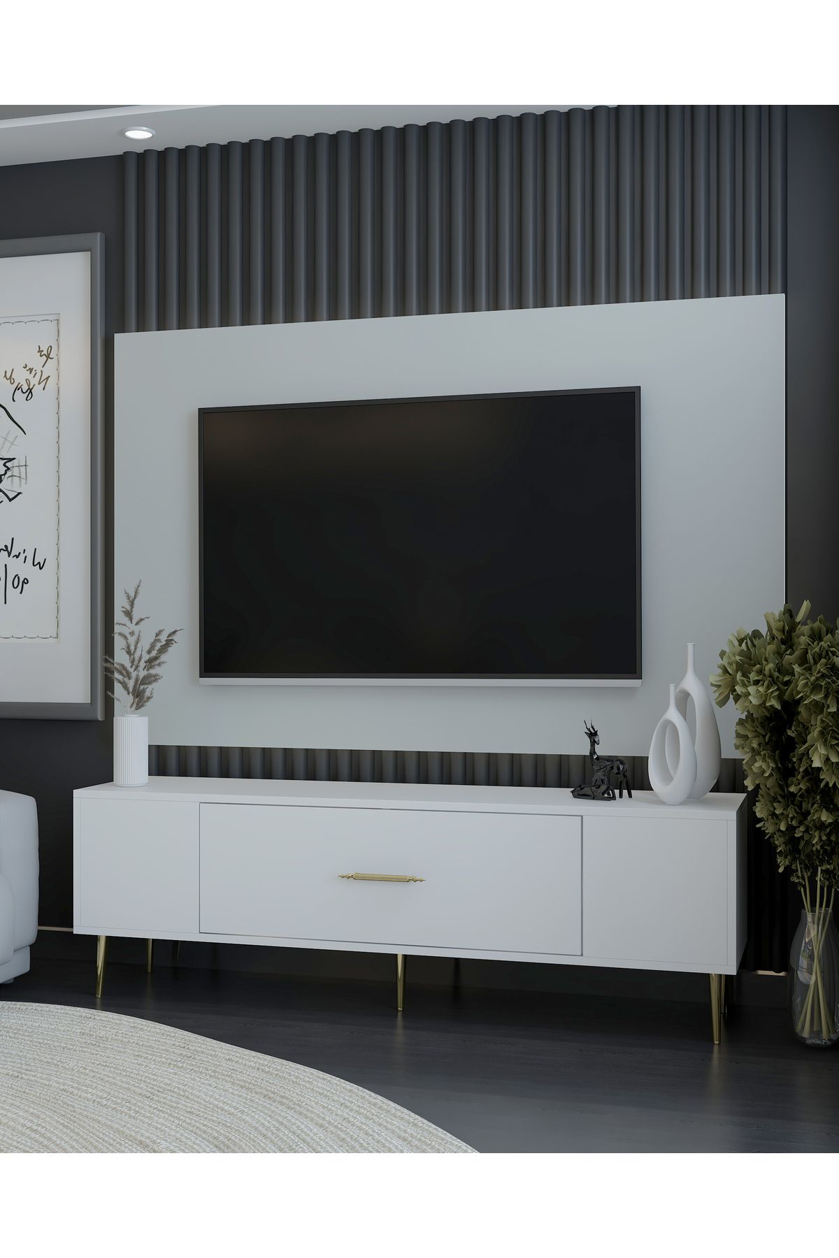 Cantek Dizayn Dekosct Tv Sehpasi Beyaz-Beyaz-Gümüş