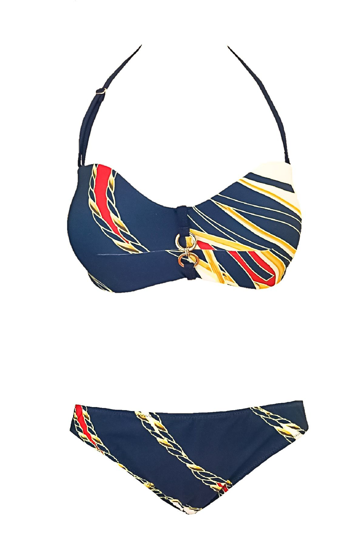 Blackspade Desteksiz Balensiz Straplez Bikini Takimi Marine Desenli Lacivert