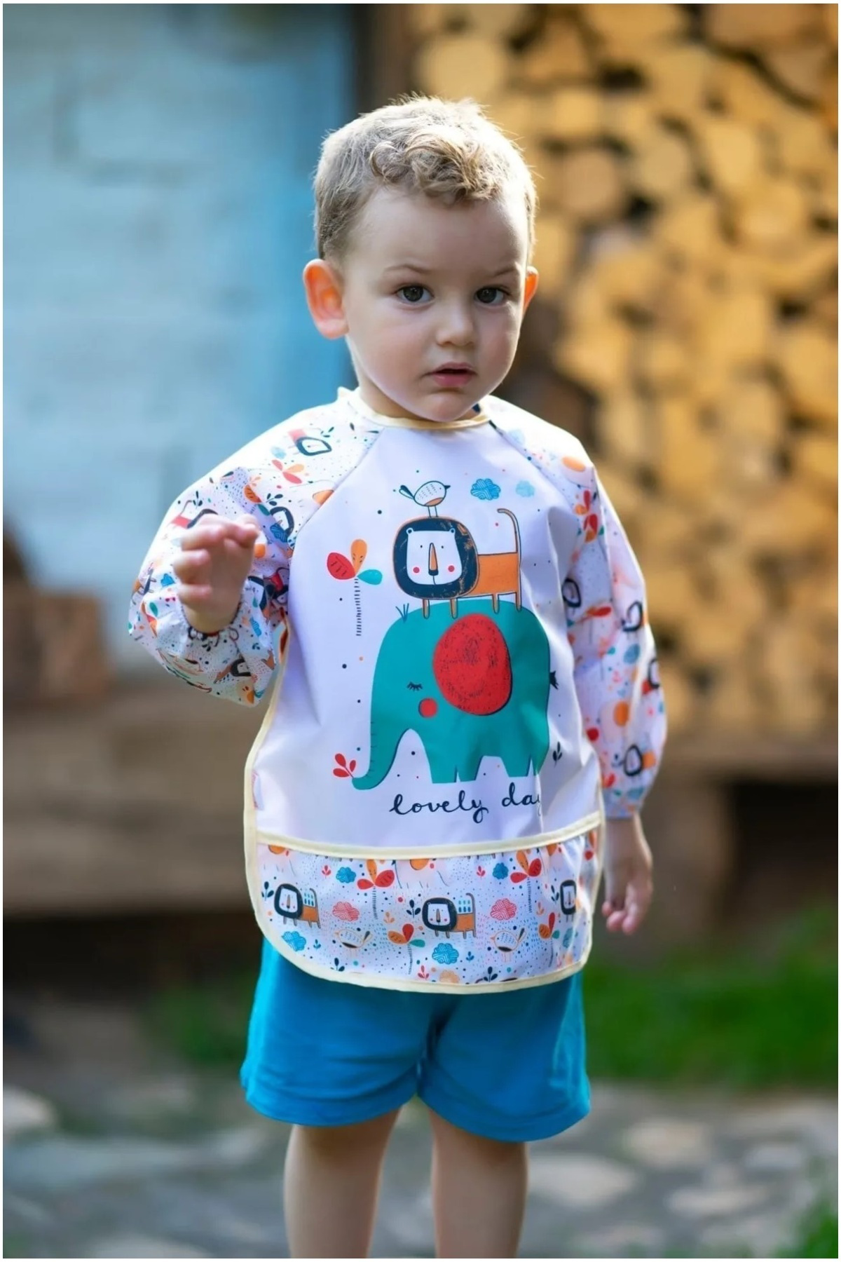diamondstar  2 Aslan ve Geyik Desen Kollu Cepli Bebek Mama Önlüğü