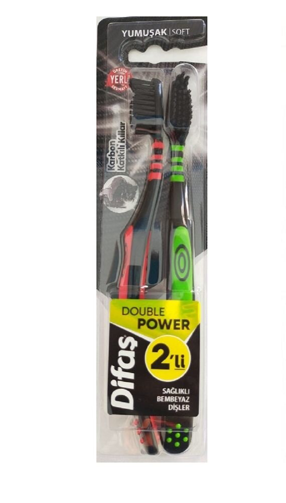 Difaş  Double Power Karbon Katkili Yumuşak Killi Diş Firçasi 2'Li