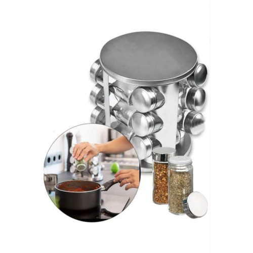 Dönen Baharat Standı 12 Şişeli Paslanmaz Çelik Gövdeli 360° Döner