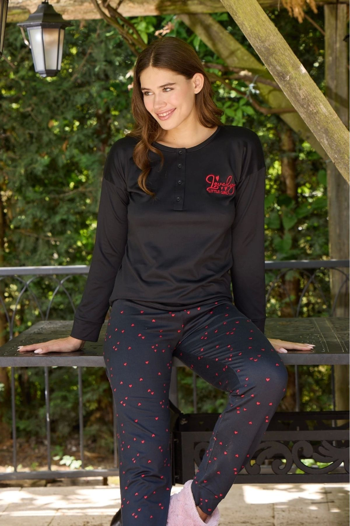Pijamoni Düğmeli Yaka Uzun Kol Lacivert Pijama Takimi - 8700