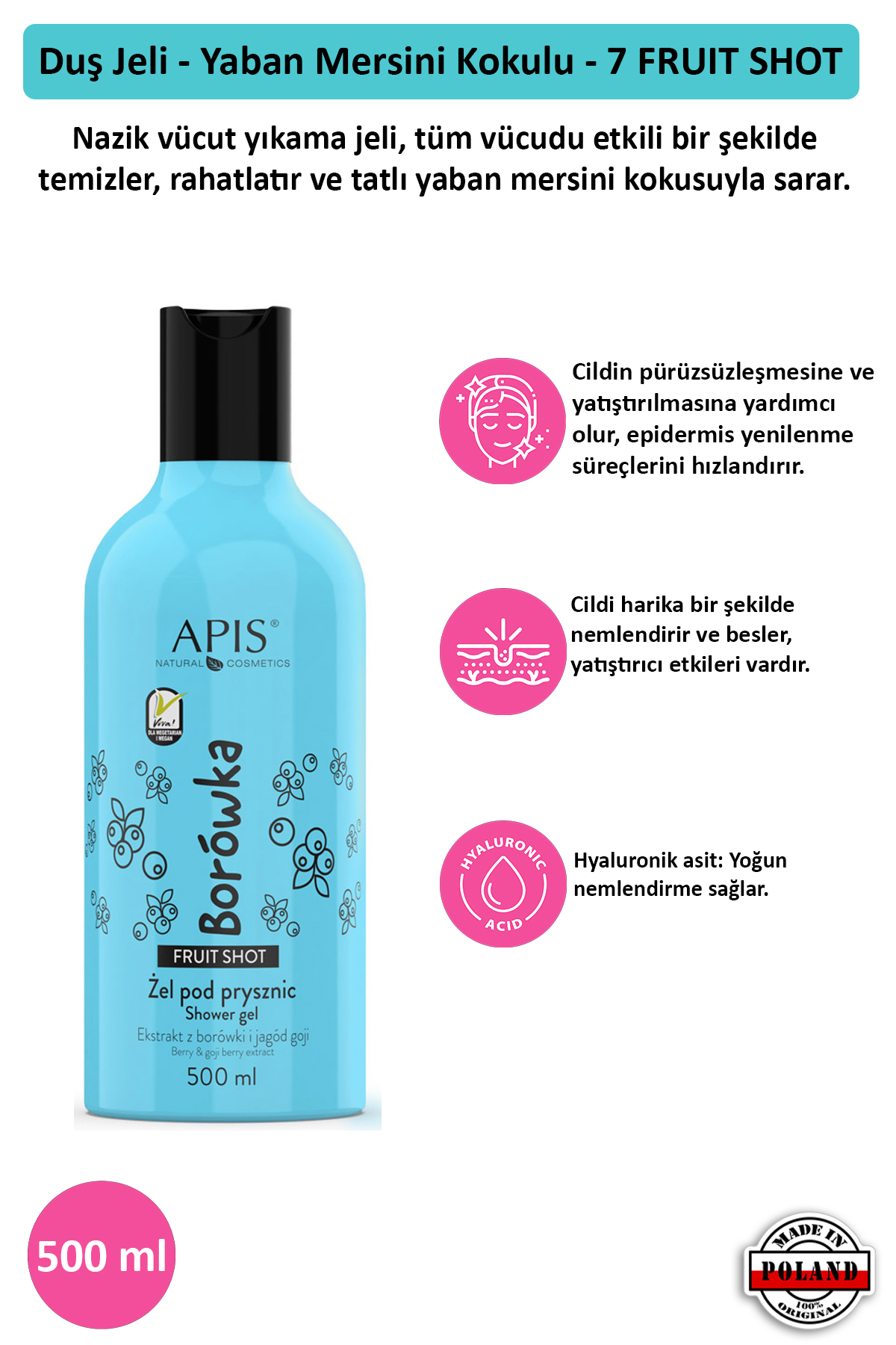 Apis Natural Cosmetics Duş Jeli - Yaban Mersini Kokulu - 7 Fruit Shot - 500 Ml