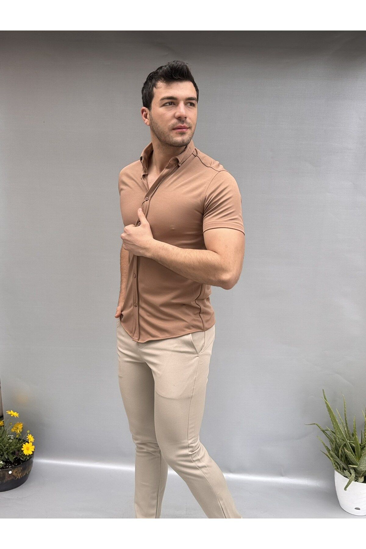Casualmen32 Düz Slim Fit Kisa Kol Gömlek
