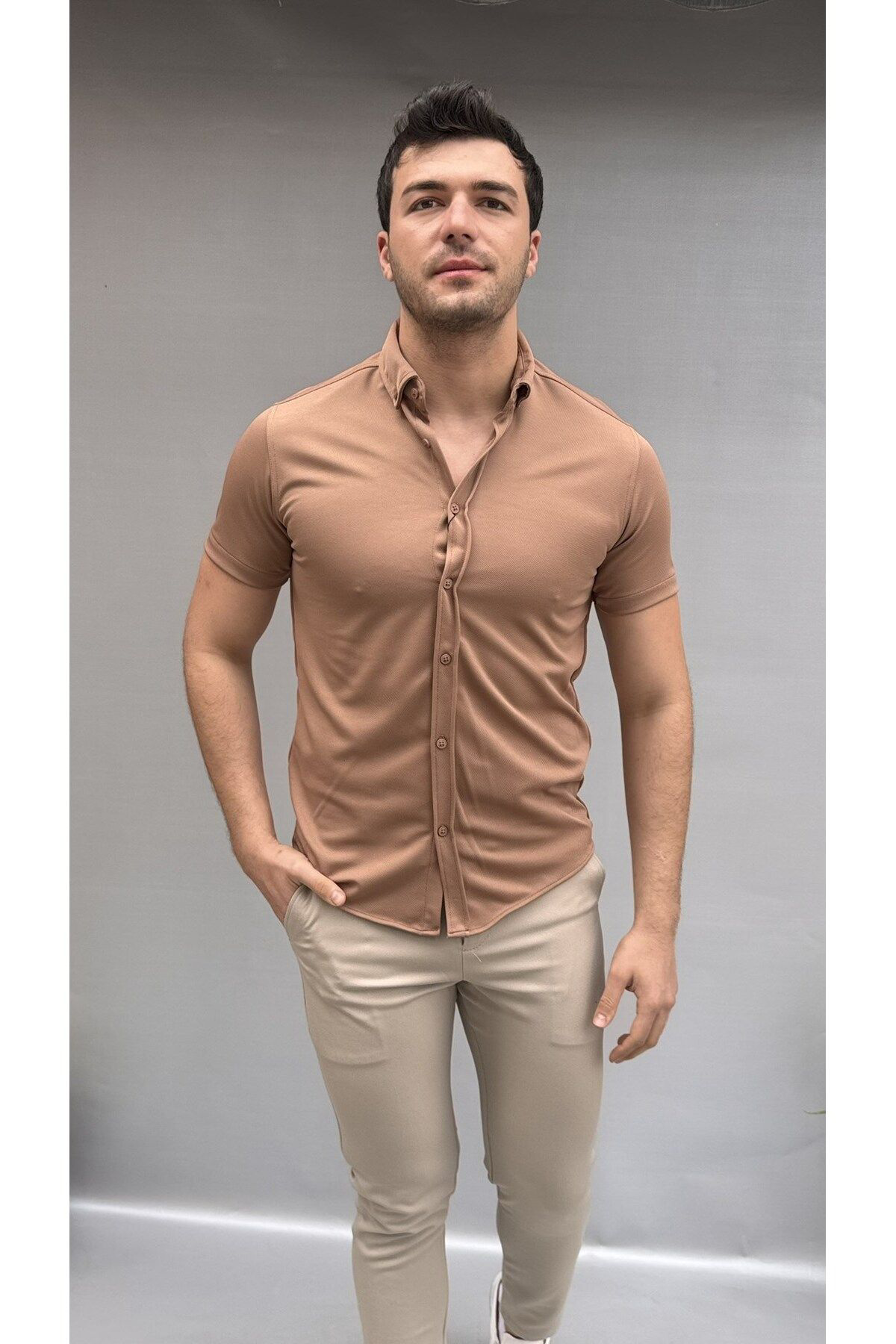 Casualmen32 Düz Slim Fit Kisa Kol Gömlek