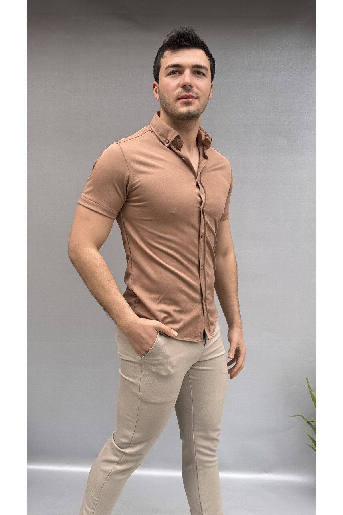 Casualmen32 Düz Slim Fit Kisa Kol Gömlek