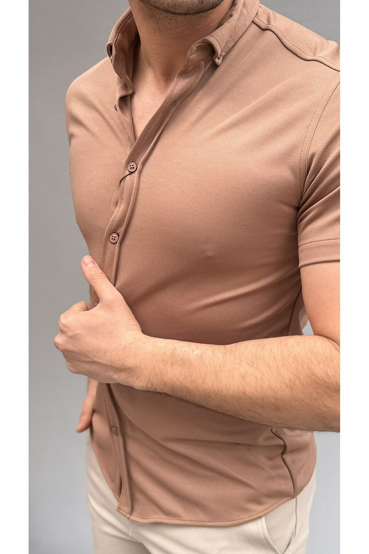 Casualmen32 Düz Slim Fit Kisa Kol Gömlek