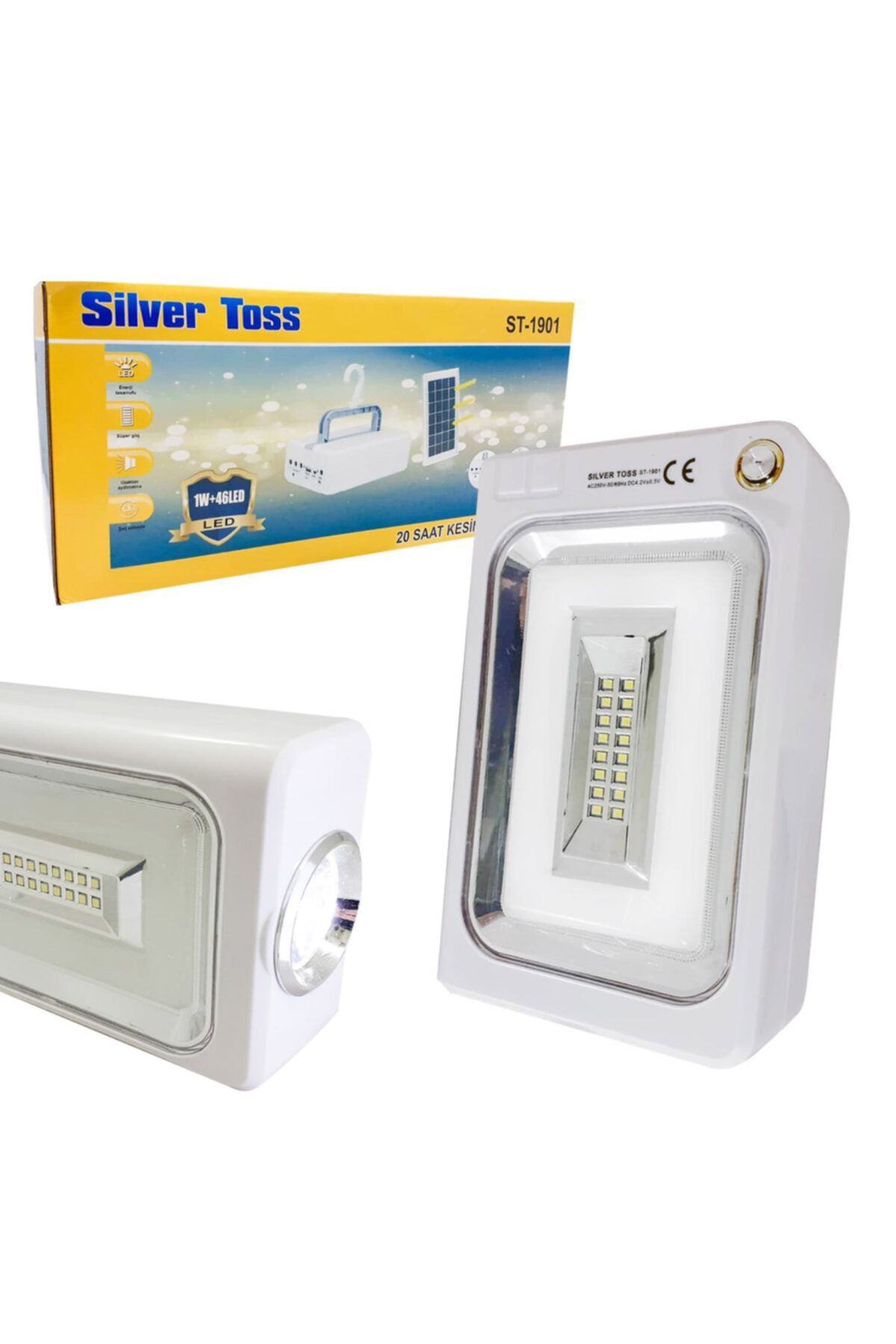 Silver Toss El Feneri Şarjli 1W+46 Led Projektör Güneş Panelli 3 Ampullü Silv
