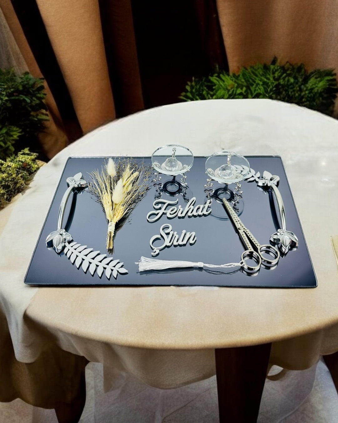 Cyzhome Elegance Gümüş Yaprakli Söz Nişan Tepsisi