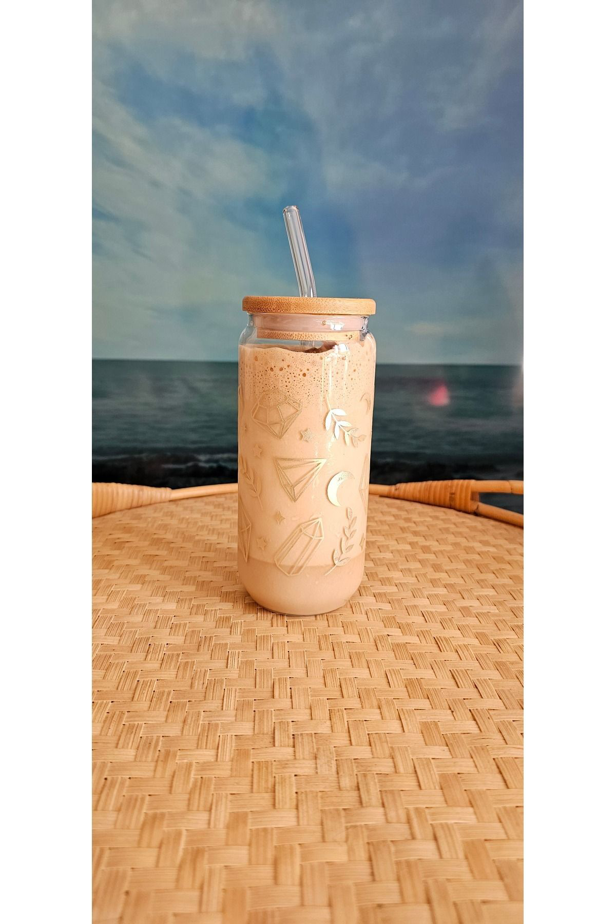 Miforde  Elmas Desenli, Bambu Kapakli, Cam Pipetli, Cam Bardak, 400Ml