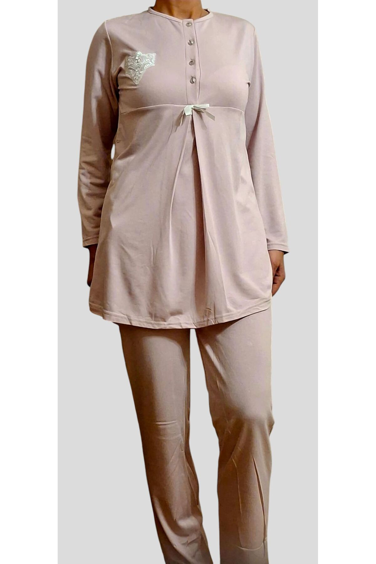 Zen Erdeniz Yarim Düğmeli Hamile Pijama Takimi Kişlik Pudra