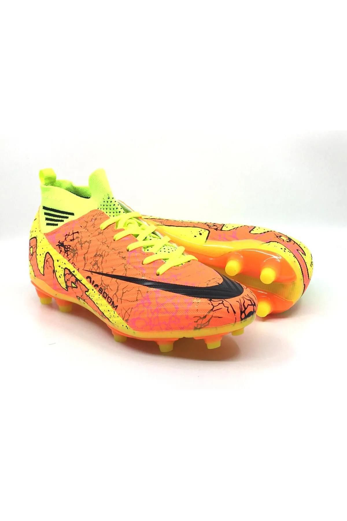 Cihanshoes Erkek Bilekli Çorapli Turuncu Beyaz Desen Krampon Halisaha Çimsah