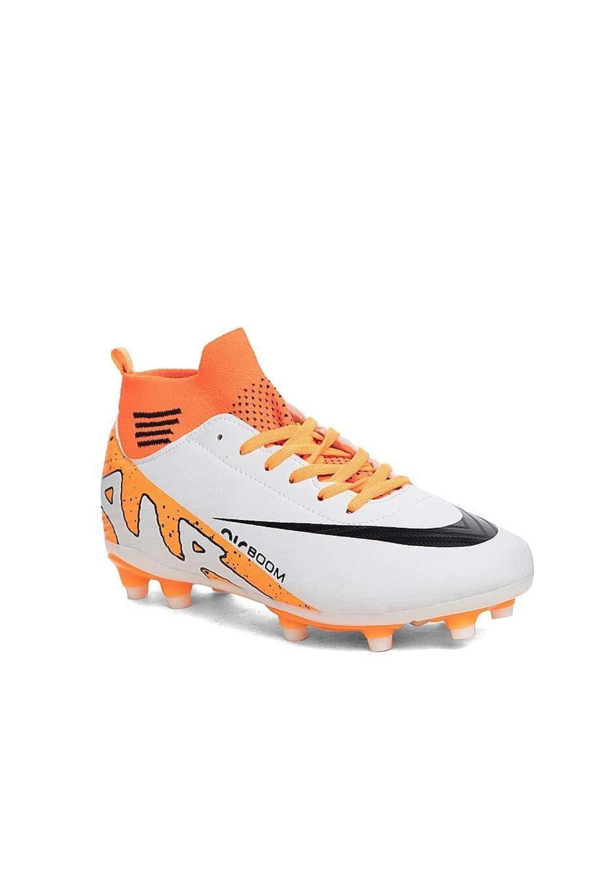 Cihanshoes Erkek Bilekli Çorapli Turuncu Beyaz Desen Krampon Halisaha Çimsah