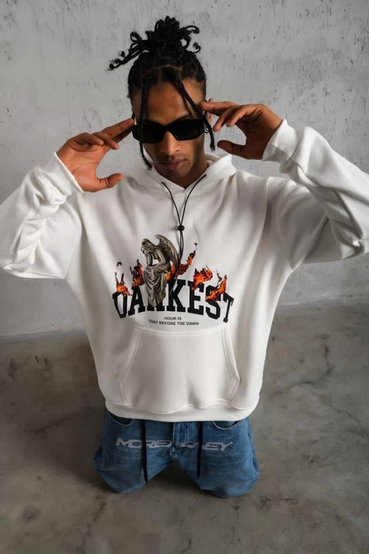 Ebruli Erkek Dankes Baskili Kapüşonlu Sweat - Beyaz
